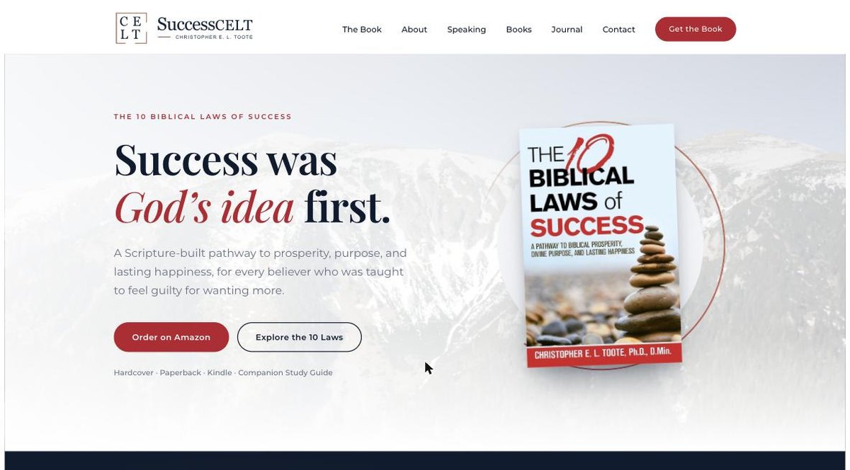 SuccessCELT author website homepage designed and built by Pristine Press and Media, with the headline ‘Success was God’s idea first’ and the book The 10 Biblical Laws of Success