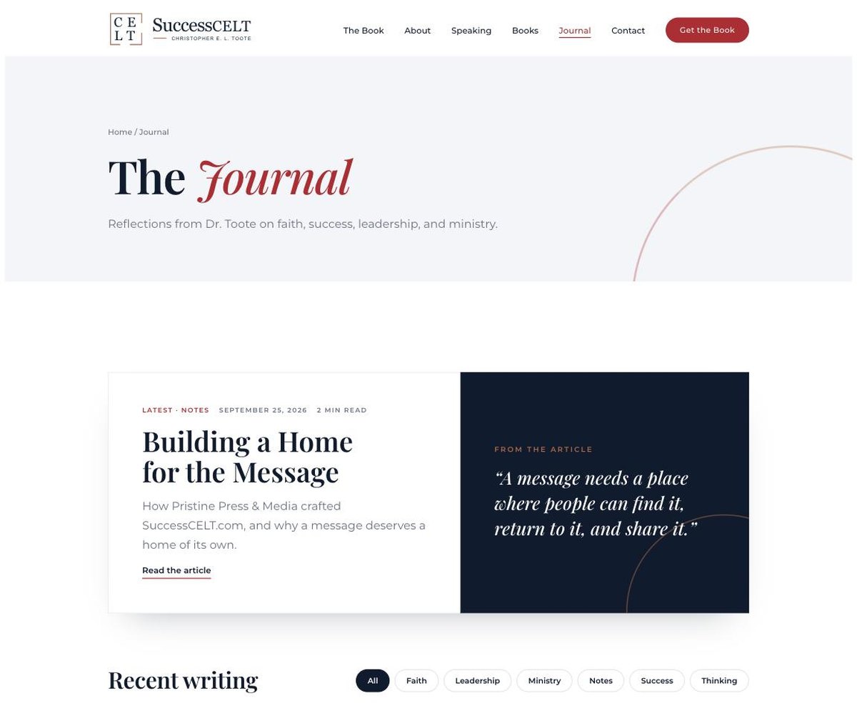 The SuccessCELT Journal page &mdash; the latest article featured with a pull-quote beside it, and topic filters for Faith, Leadership, Ministry, Notes, Success, and Thinking