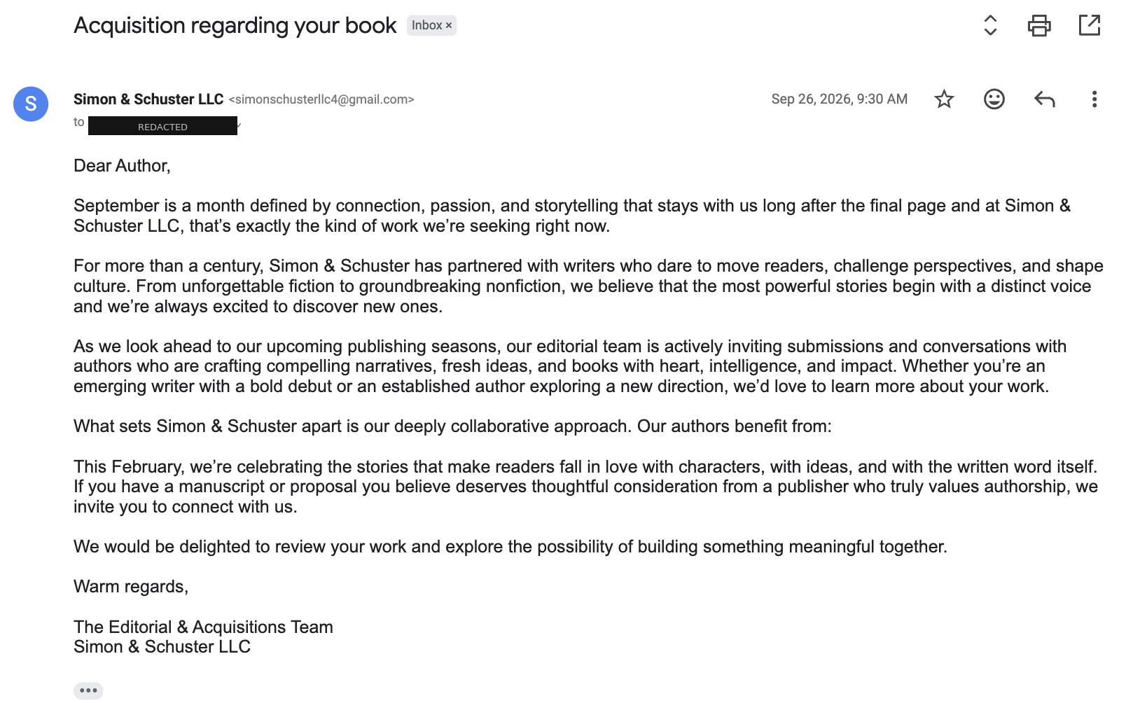 Scam email impersonating Simon and Schuster, sent from a Gmail address, offering a vague book acquisition