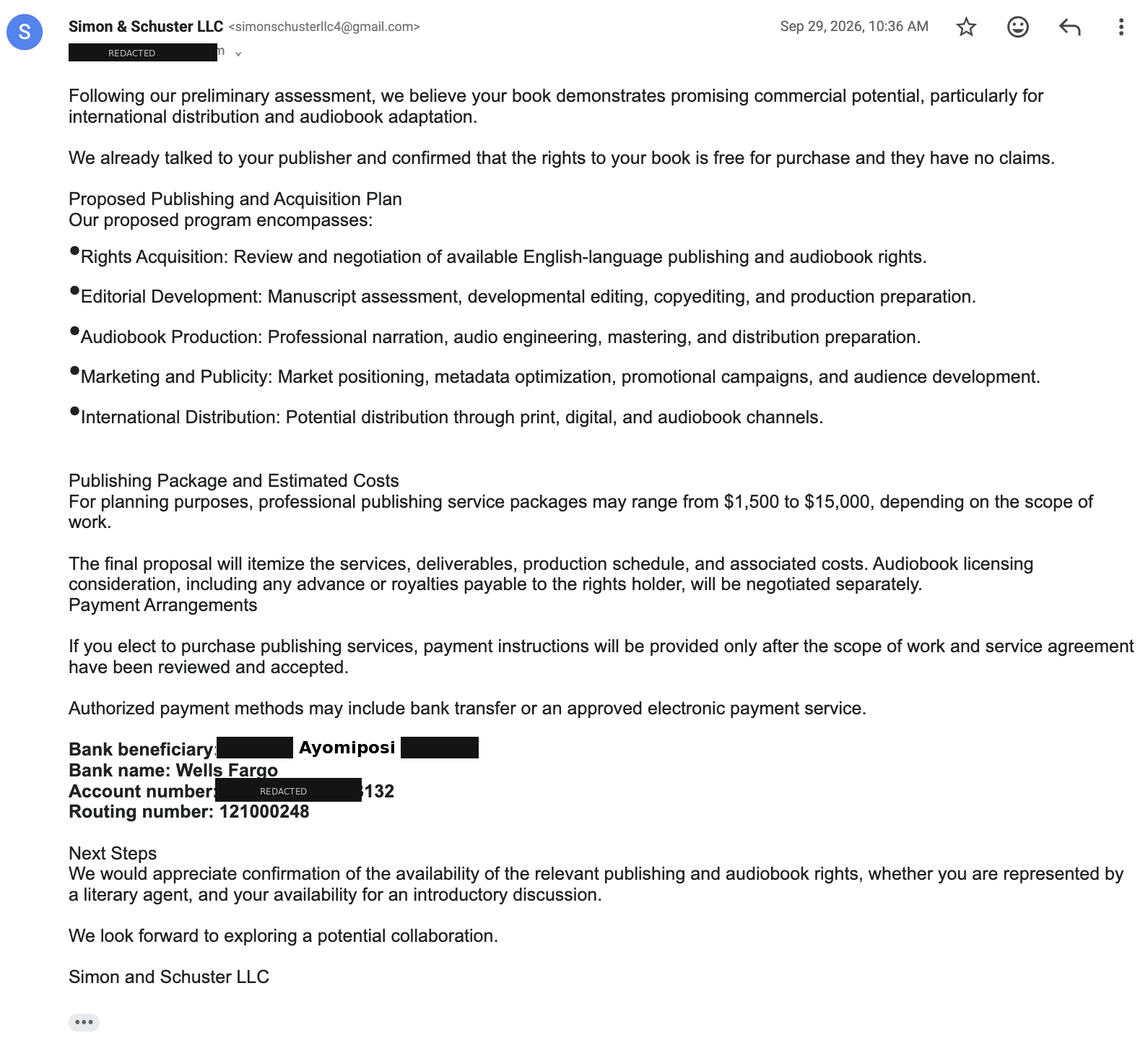 Follow-up scam email claiming the author&rsquo;s publisher approved the deal and requesting payment by wire to a personal bank account
